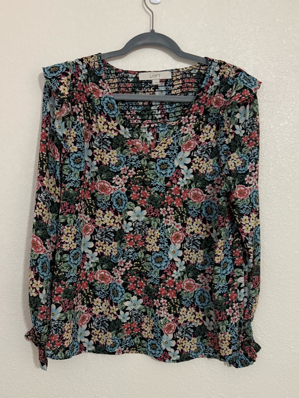 LOFT Black Floral V-Neck Long Sleeve Blouse